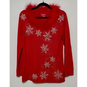 Jack B. Quick Y2K Feather-Trim Holiday Sweater Small 90s Rhinestone Snowflakes
